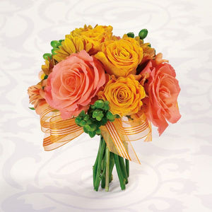 Ochre and pink bouquet of specialty roses, daisy pompons, alstroemeria, hypercium tied with an orange sheer ribbon.