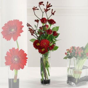 Romantic red rose and aster bouquet in a clear vase