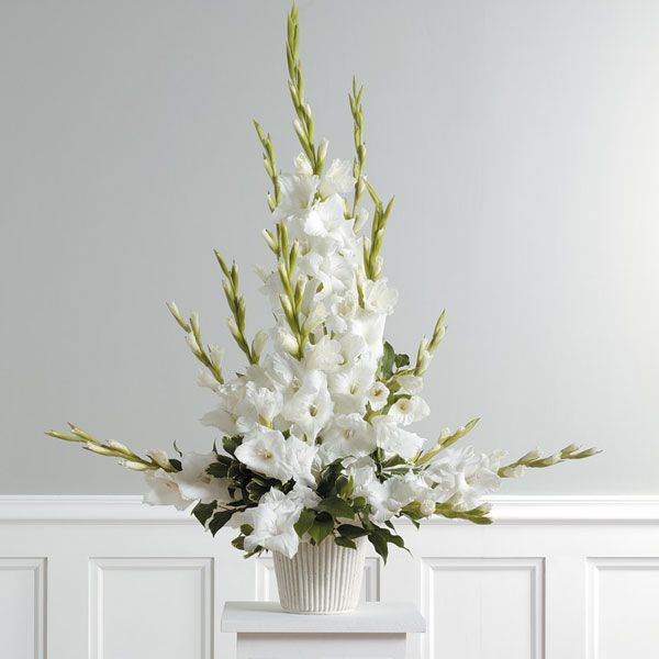 A pure Gladiolus flowers and greenery bouquet in a white ceramic vase 